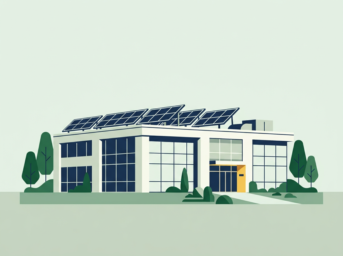 Illustration of a commercial building with rows of rooftop solar panels