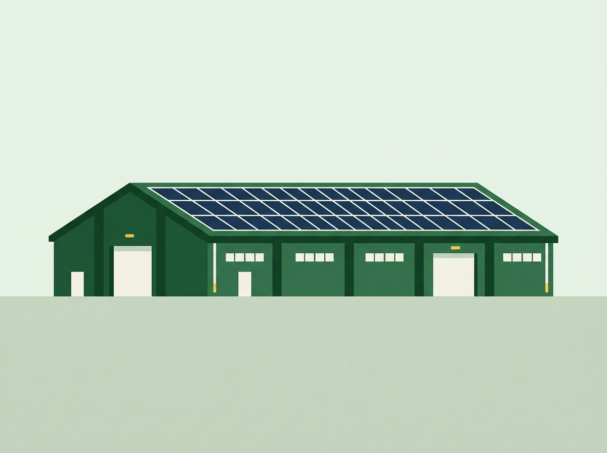 Illustration of an industrial warehouse with its roof covered in solar panels