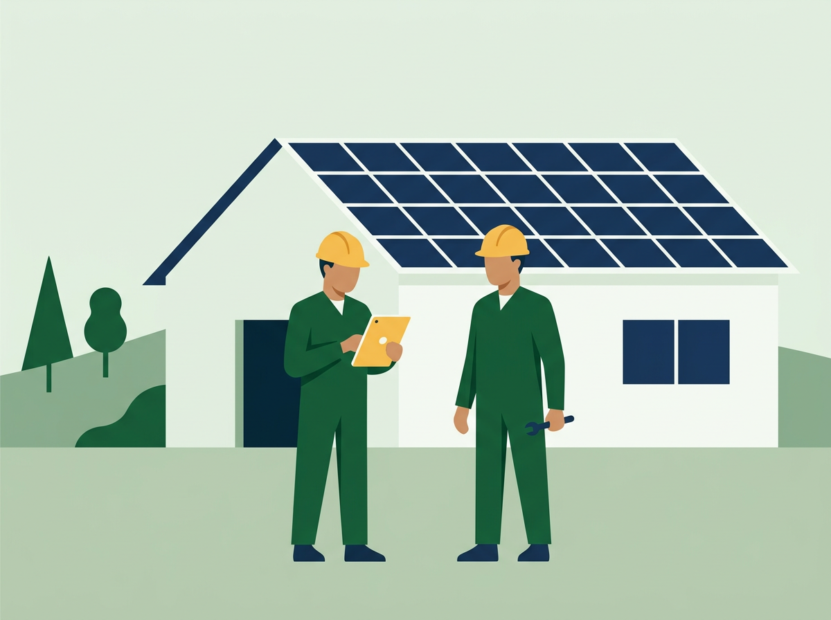 Illustration of two ParthSolar technicians reviewing a rooftop solar installation