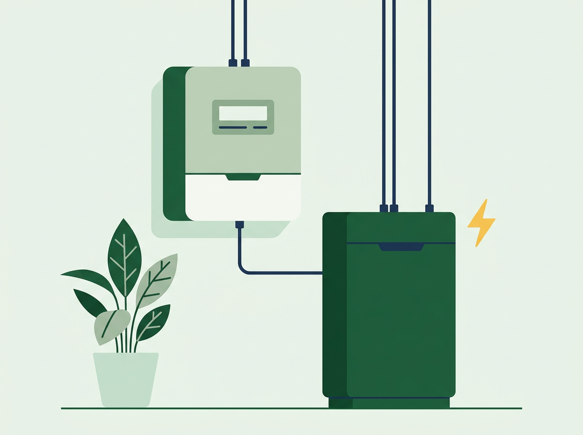 Illustration of a wall-mounted solar inverter and battery unit