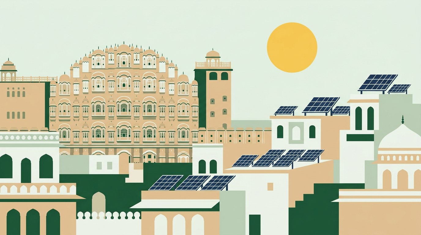 Illustrated Jaipur cityscape with solar panels on rooftops