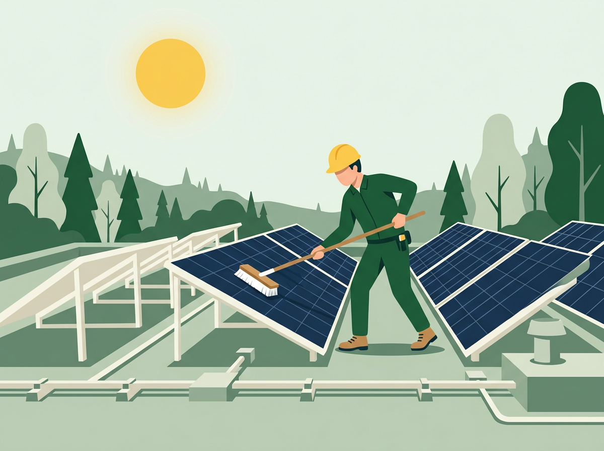 Illustration of a technician cleaning rooftop solar panels