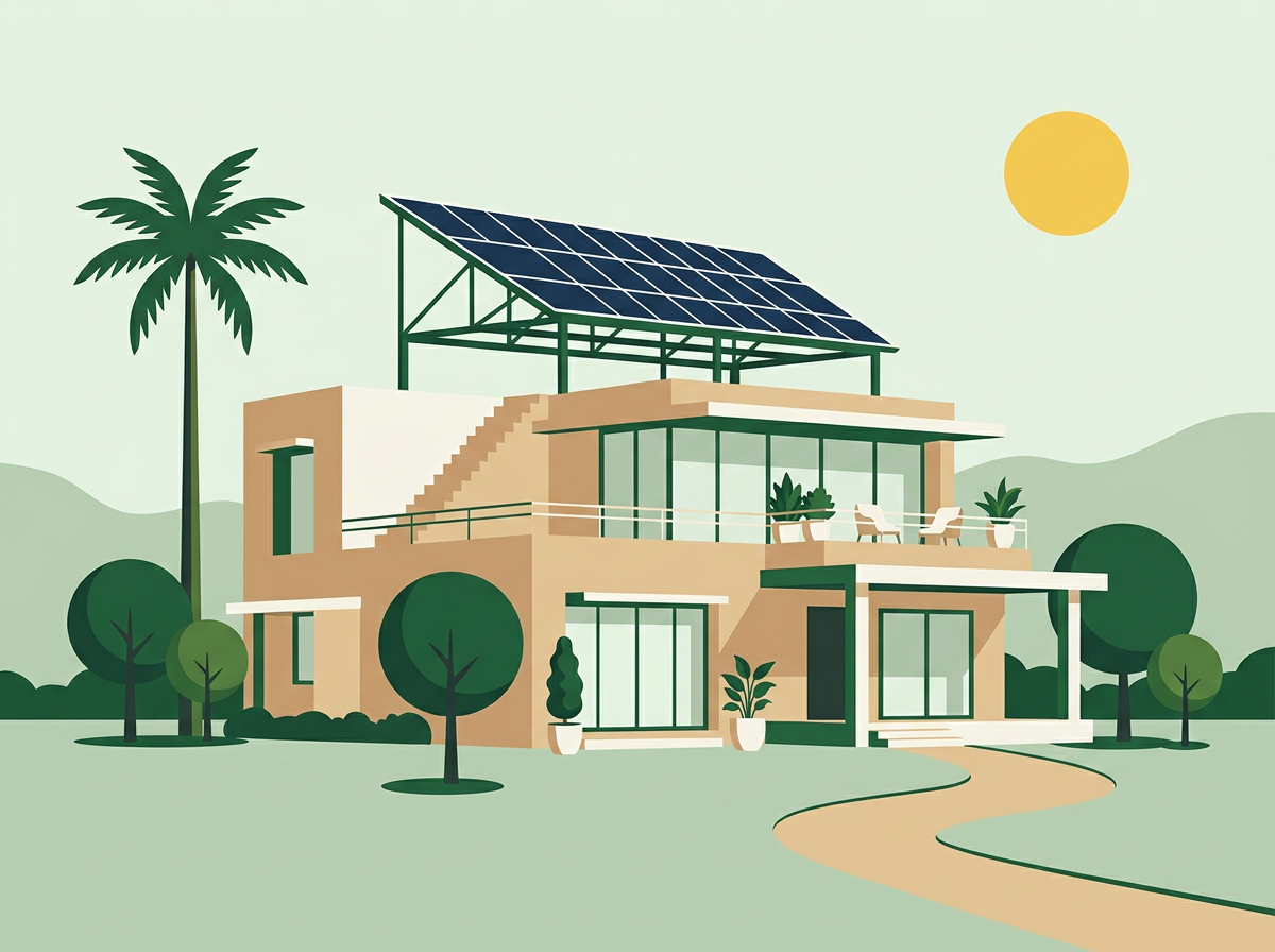 Illustration of a villa with an elevated rooftop solar structure